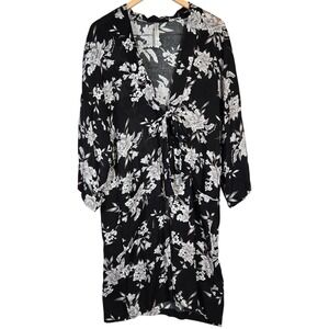 Spiritual Gangster Black‎ Floral Print Kimono Duster OS Tie Front Lightweight